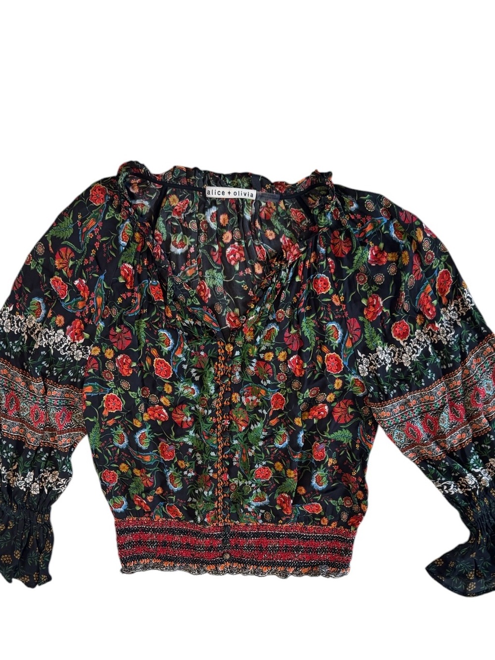 Alice + Olivia Black Floral Peasant Blouse with Red and Green Accents
